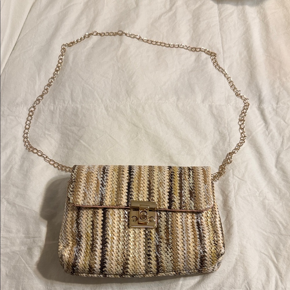 Woven Neutral Stripe Crossbody Bag with Gold Chain nwot